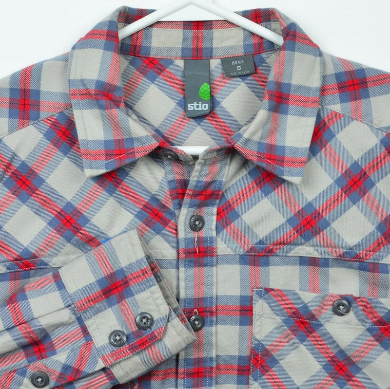 Stio Men's Small Flannel Gray Red Blue Plaid Hiking Outdoor Miter Flannel Shirt