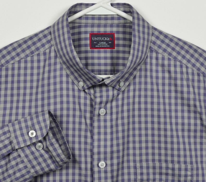 UNTUCKit Men's Large Purple Gray Gingham Check Casual Button-Down Shirt