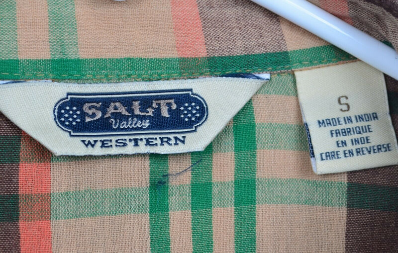 Salt Valley Western Men's Small Pearl Snap Brown Plaid Western Rockabilly Shirt