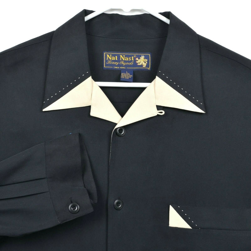 Nat Nast Men's Sz Large 100% Silk Black Cream Accents Bowling Hawaiian Shirt