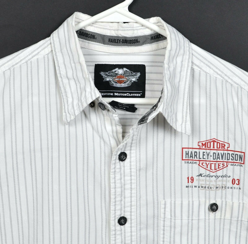 Harley-Davidson Men's Large White Striped Logo Print Garage Mechanic Biker Shirt