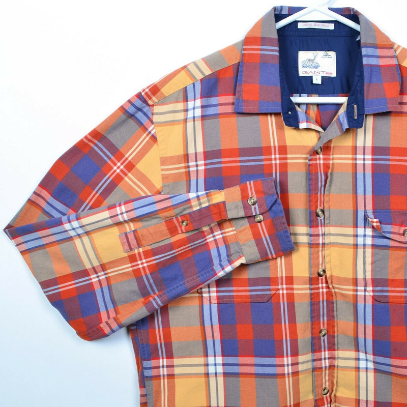 GANT Rugger Men's Large "Berry Hill Twill" Orange Red Plaid Button-Front Shirt