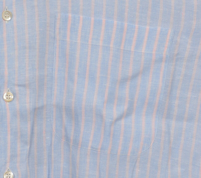 Barneys New York Men's Medium 100% Linen Blue Pink Striped Italian Shirt