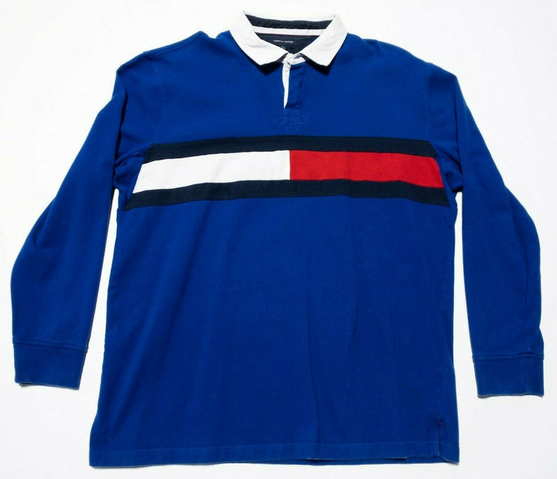 Tommy Hilfiger Rugby Shirt Flag Logo Stripe Blue Long Sleeve Men's 2XL