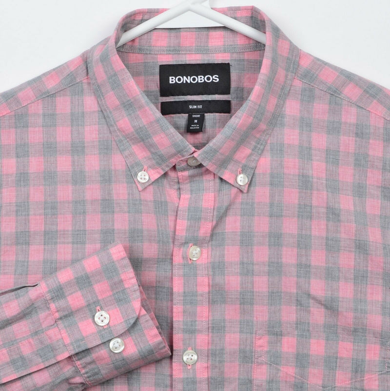 Bonobos Men's Medium Short Slim Fit Pink Gray Check Plaid Button-Down Shirt