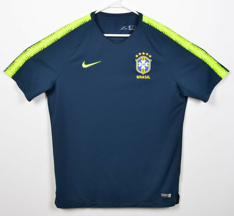 Brazil CBF Nike Men's XL Navy Blue Neon Green Dri-Fit Soccer Football Jersey
