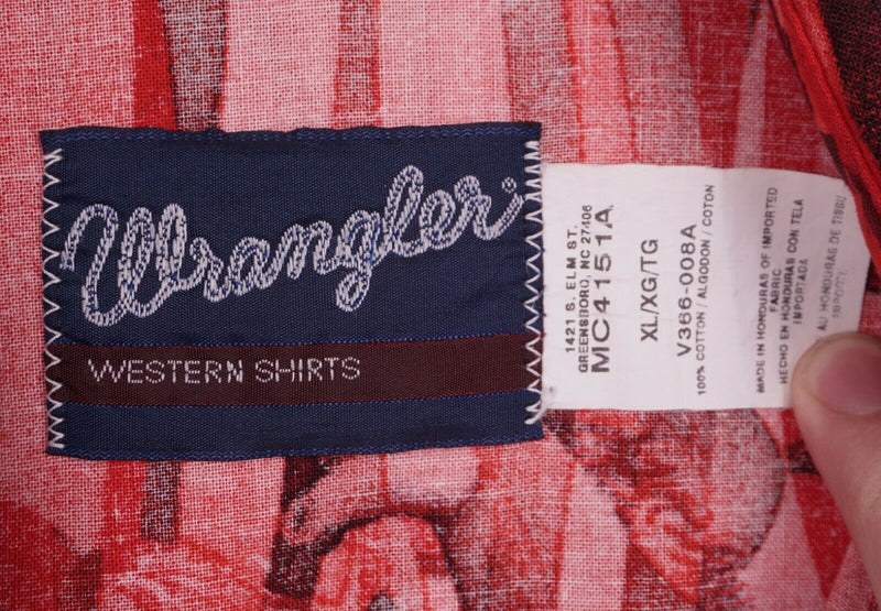 Wrangler Men's Sz XL Pearl Snap Horses Pattern Red Western Rockabilly Shirt