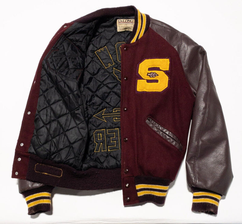 Vintage DeLong Varsity Jacket Adult Medium Letterman Maroon Gold Wool Knit Snap