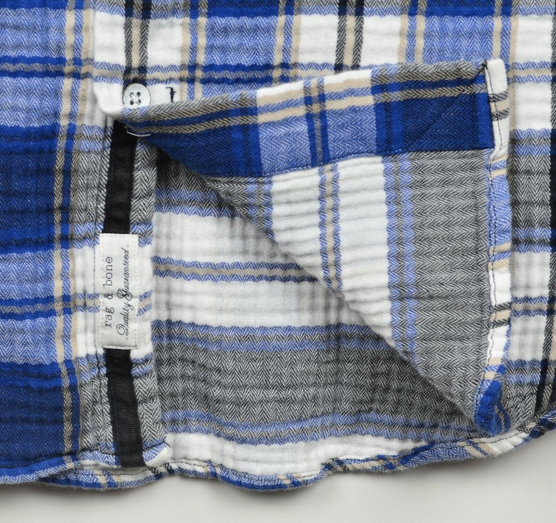 Rag & Bone Men’s Large Blue Plaid Cotton Blend Designer Button-Front Shirt