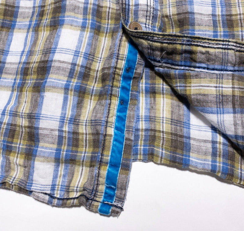 32 Bar Blues Linen Shirt Men's 2XL Long Sleeve Plaid Green Blue Button-Front