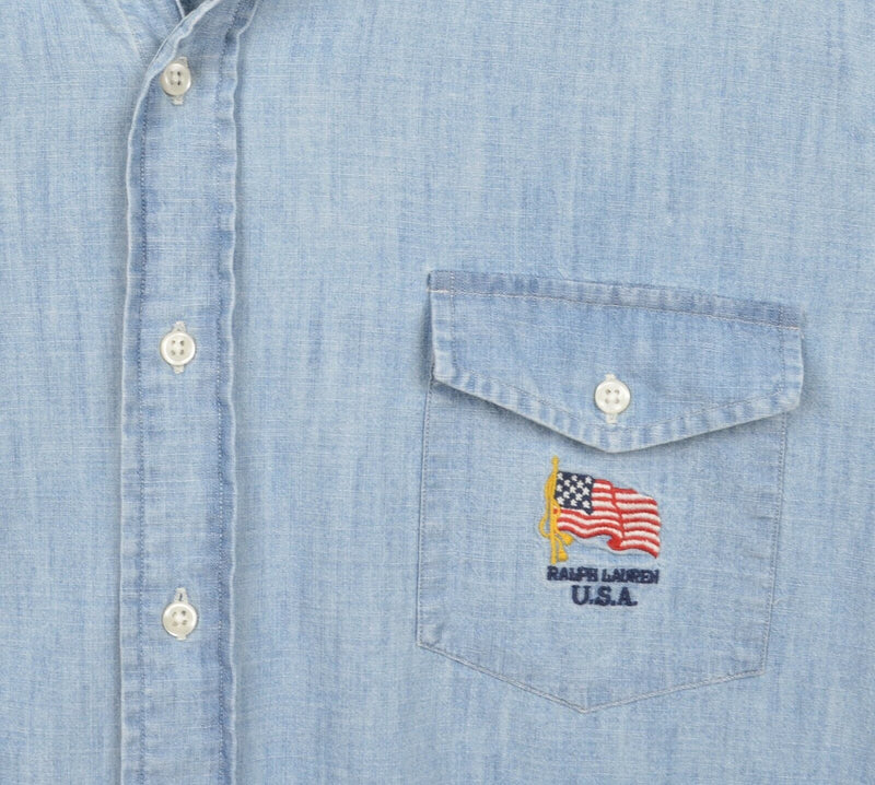 Polo Ralph Lauren Men's Sz 2XL Embroidered USA Flag Denim Chambray Shirt