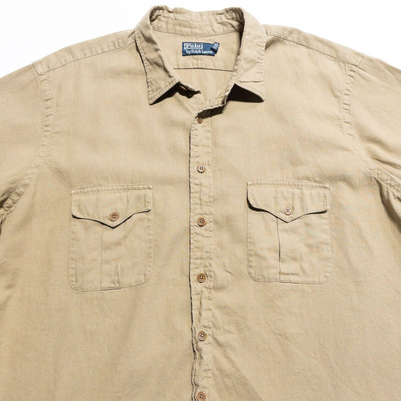 Polo Ralph Lauren 2XB Men's Shirt Linen Blend Button-Up Solid Beige Pockets