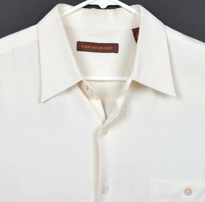 Tori Richard Men's Large 100% Silk White/Cream Textured Geometric Hawaiian Shirt