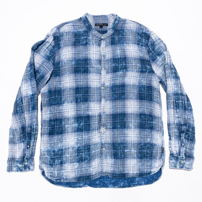 John Varvatos Pearl Snap XL Men's Shirt Blue Plaid Acid Wash Band Collar