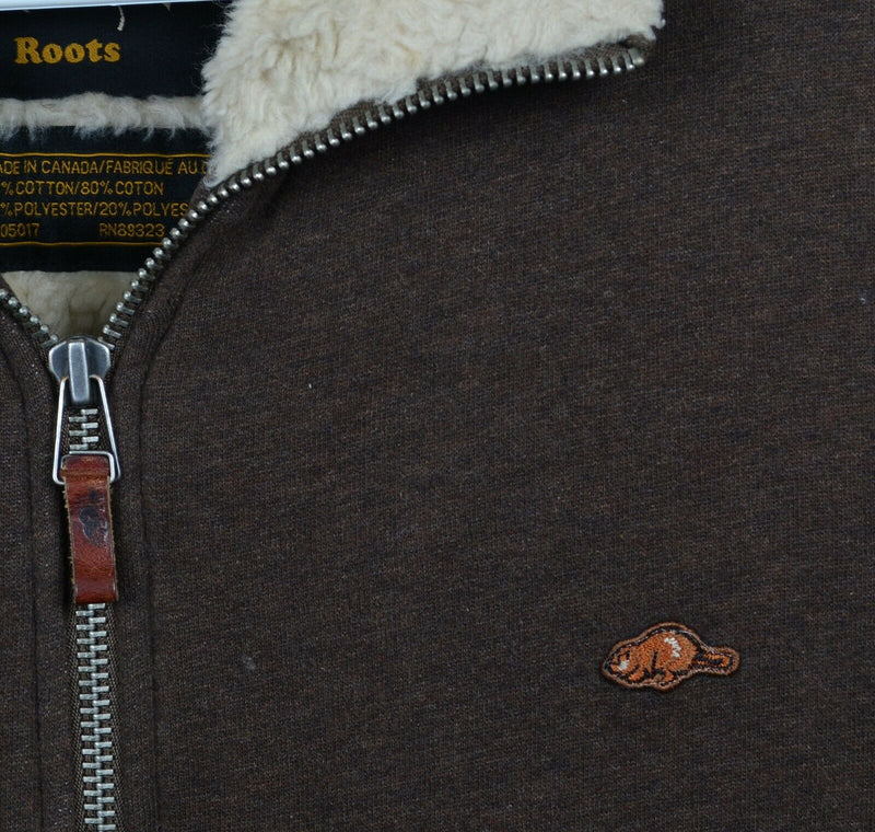 Roots Canada Men's Medium Sherpa Lined Beaver Logo Brown Full Zip Jacket