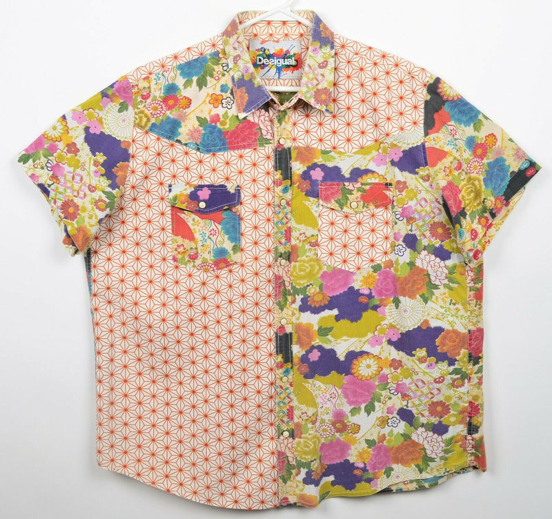 Desigual Men's 2XL Floral Pearl Snap Geometric Colorful Bright Shirt