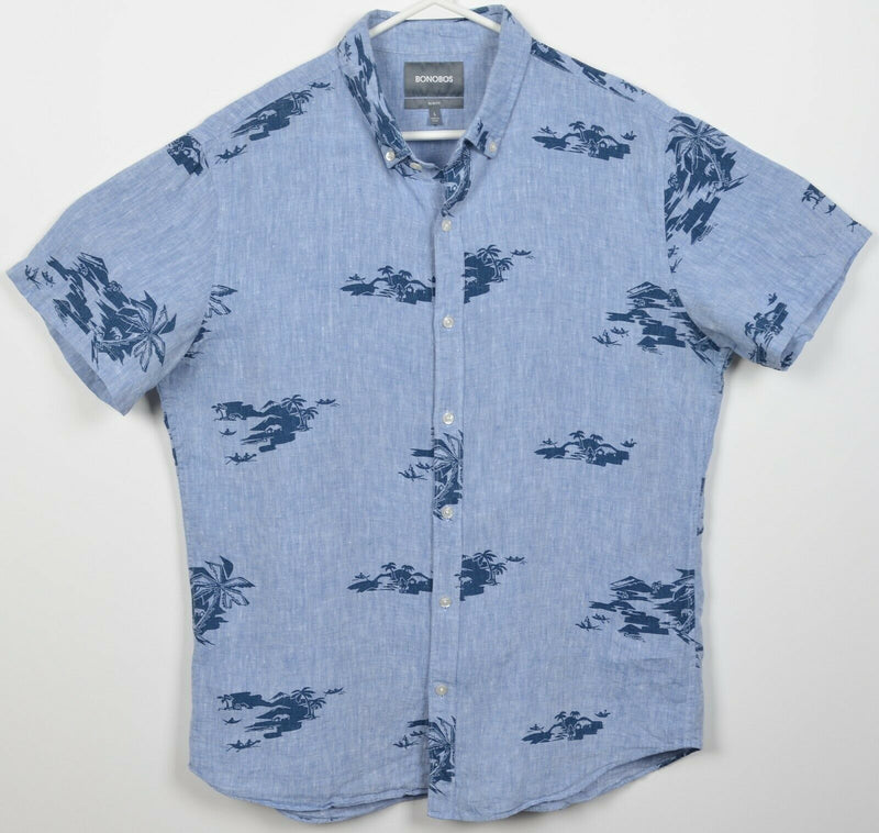 Bonobos Men's Large Slim Fit 100% Linen Blue Island Palm Print Button-Down Shirt
