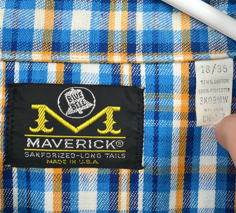 Maverick Men 18/35 (2XL) Pearl Snap Sanforized Blue Plaid Vintage Western Shirt