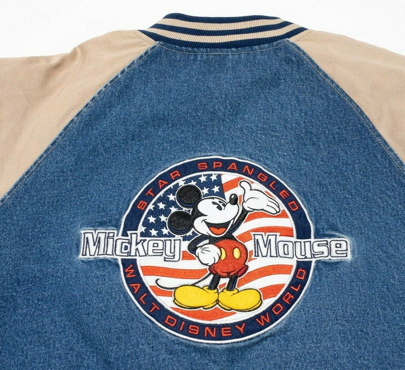 Disney Denim Jacket Vintage Bomber Adult Large Snap Mickey Mouse USA Varsity