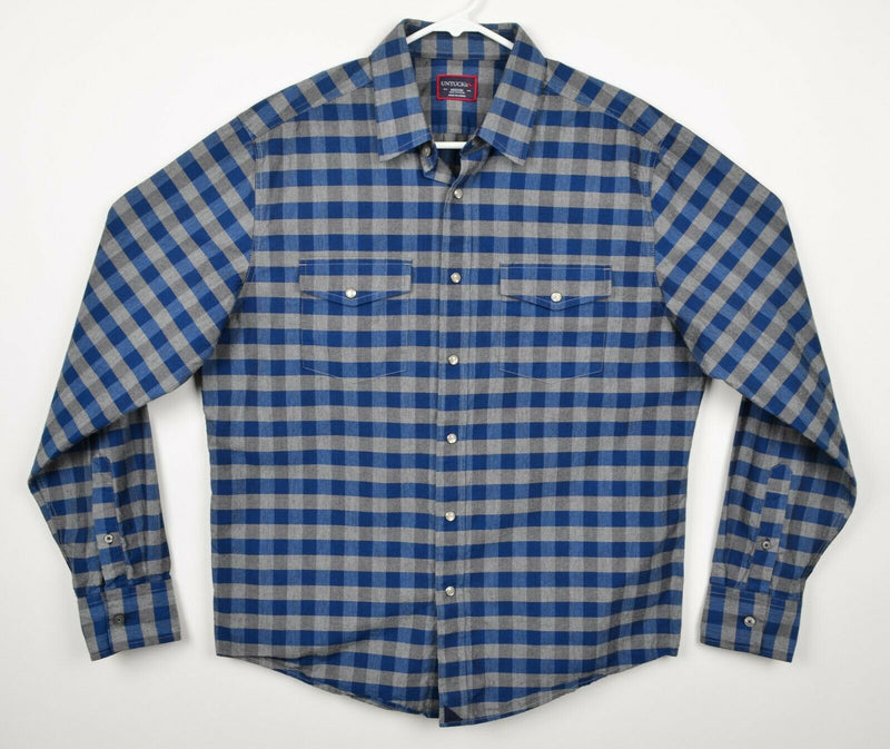 UNTUCKit Men's Sz Medium Pearl Snap Blue Gray Buffalo Plaid Western Shirt