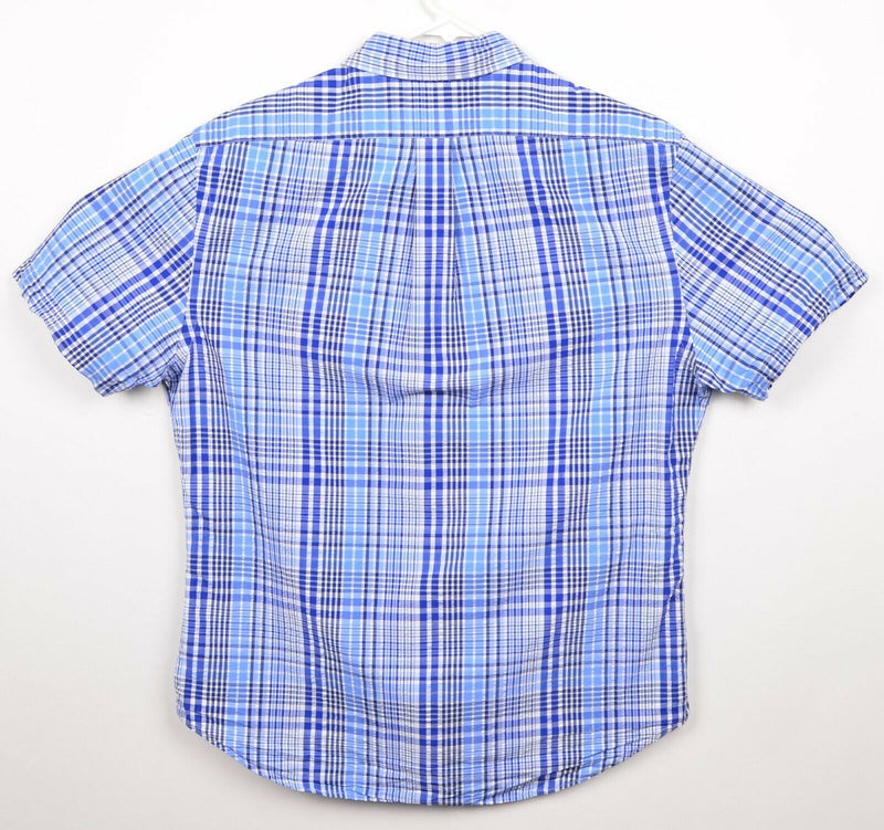 Polo Ralph Lauren Men's Sz Large Slim Fit Seersucker Blue White Plaid S/S Shirt