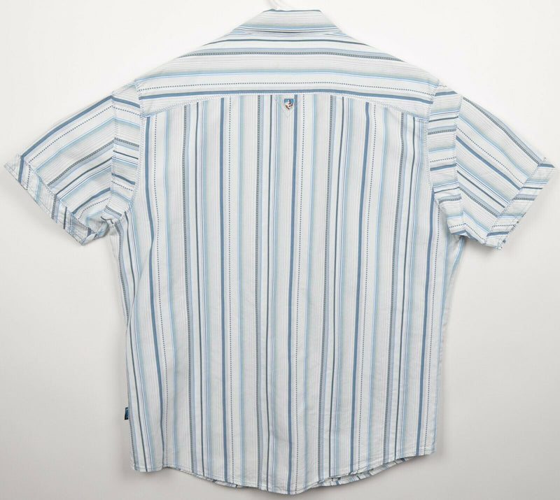 Kuhl Suncel Men's Medium White Blue Striped Hiking Outdoor Button-Front Shirt