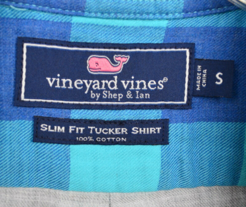 Vineyard Vines Men's Small Slim Fit Blue Aqua Plaid Check Preppy Tucker Shirt