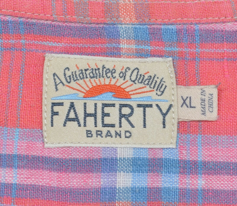 Faherty Men's XL 100% Linen Pink Blue Plaid Long Sleeve Button-Front Shirt