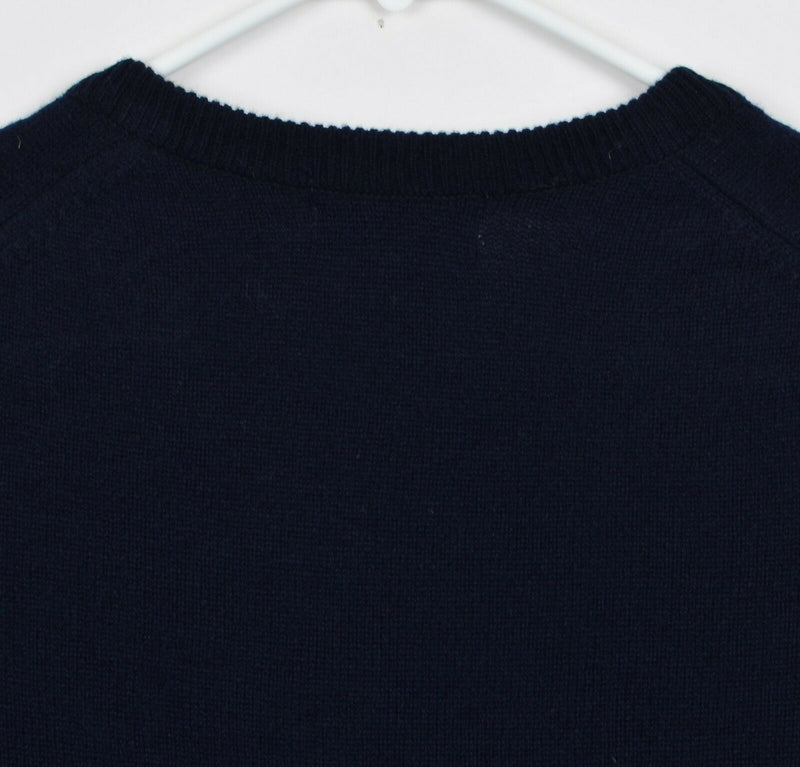 Vtg LL Bean Men's Sz Large Lambswool V-Neck Navy Blue Scotland Pullover Sweater