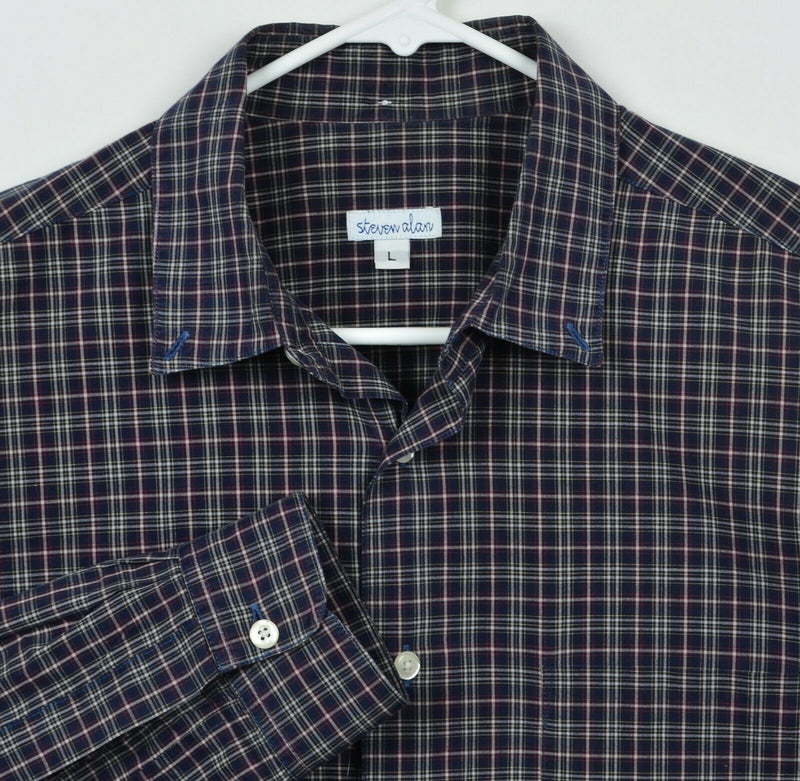 Steven Alan Men's Sz Large Navy Blue Plaid Made in USA Button-Down Style Shirt