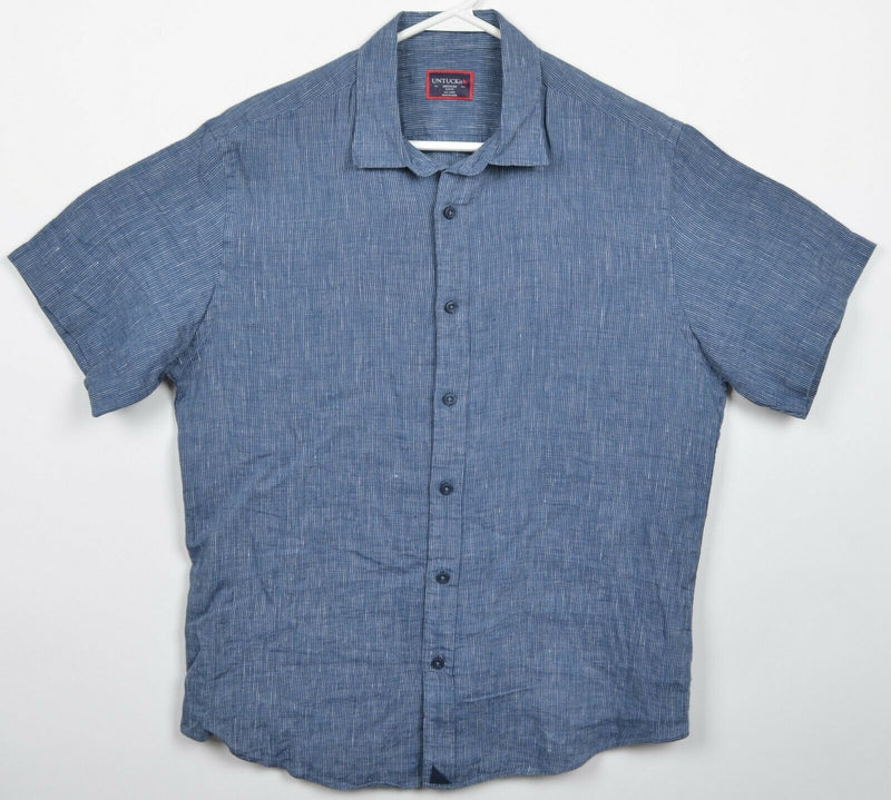 UNTUCKit Men's Medium Slim Fit 100% Linen Blue Short Sleeve Button-Front Shirt