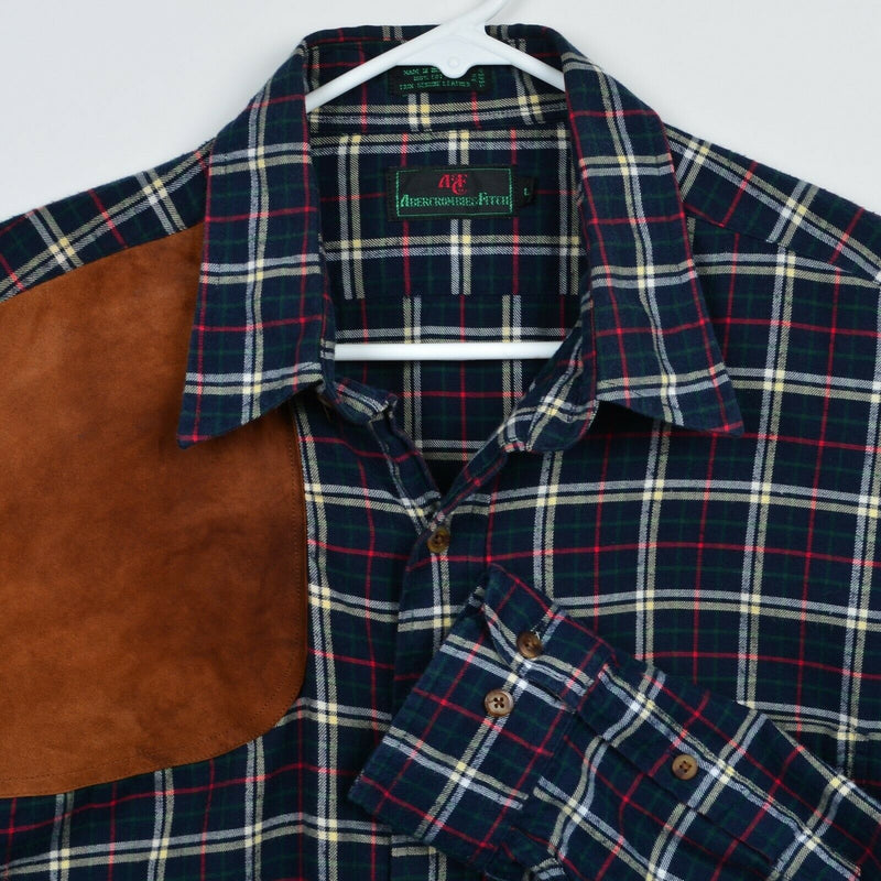 Vintage 80s Abercrombie & Fitch Men's Large Leather Shoulder Pad Flannel Shirt
