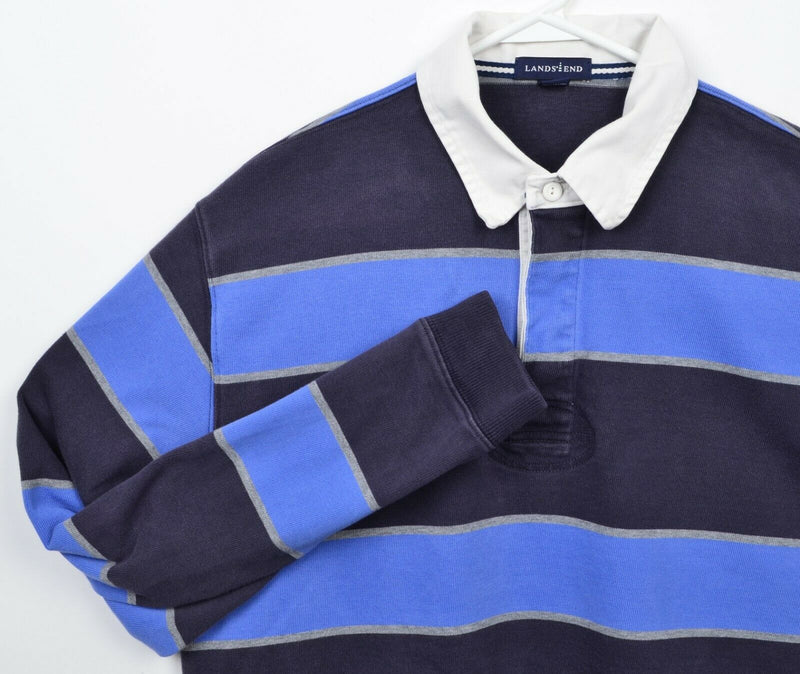 Lands End Men's Large Rugby Navy Blue Chunky Striped Contrast Collar Polo Shirt