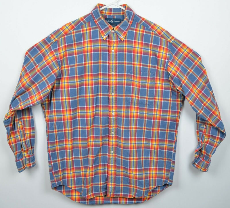 Polo Ralph Lauren Men's Large Blue Orange Red Plaid Blake Button-Down Shirt