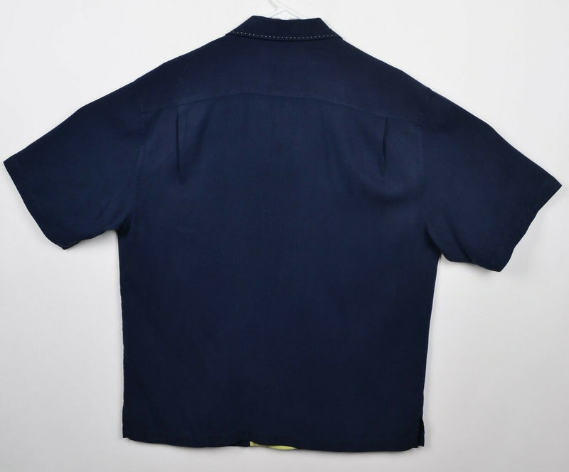 Nat Nast Men's Sz Medium 100% Silk Navy Blue Panel Bowling Hawaiian Camp Shirt