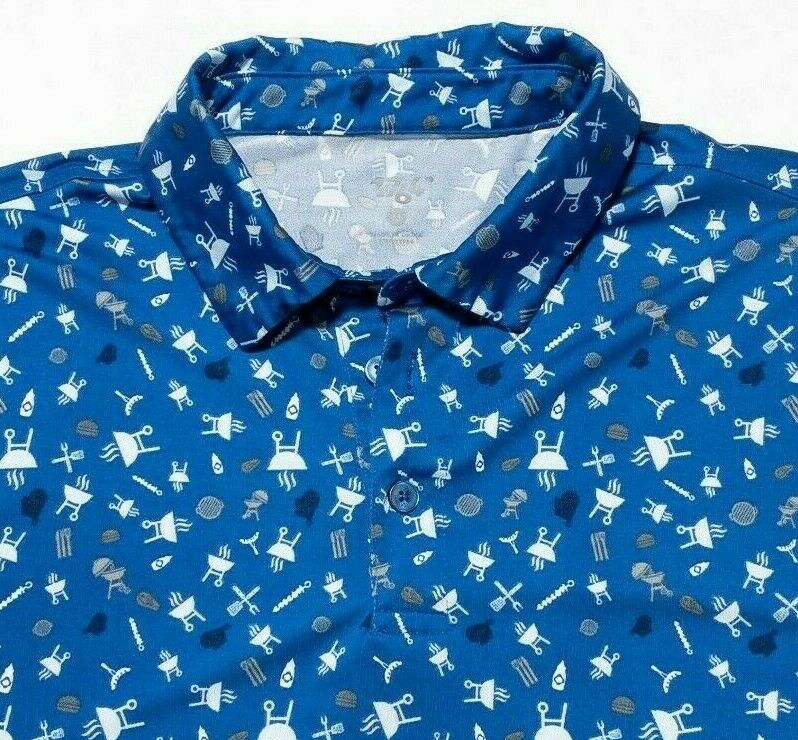 1764 Golf Polo Men's Medium BBQ Grilling Pattern Cooking Barbecue Blue Wicking