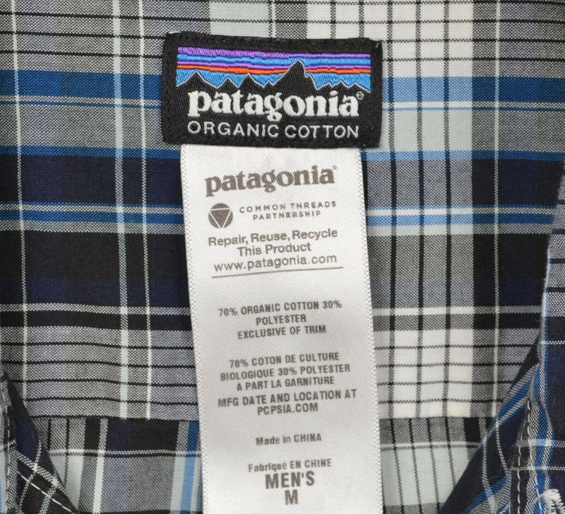 Patagonia Men's Medium Blue White Plaid Cotton Polyester Blend Go To Shirt