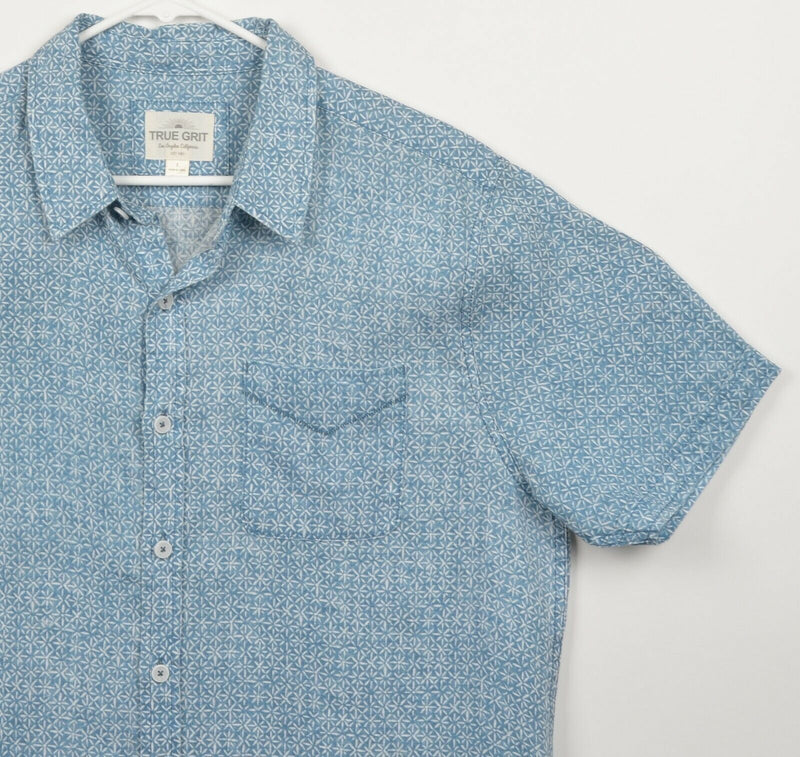 True Grit Men's Sz Large 100% Linen Blue White Geometric Hawaiian Lounge Shirt