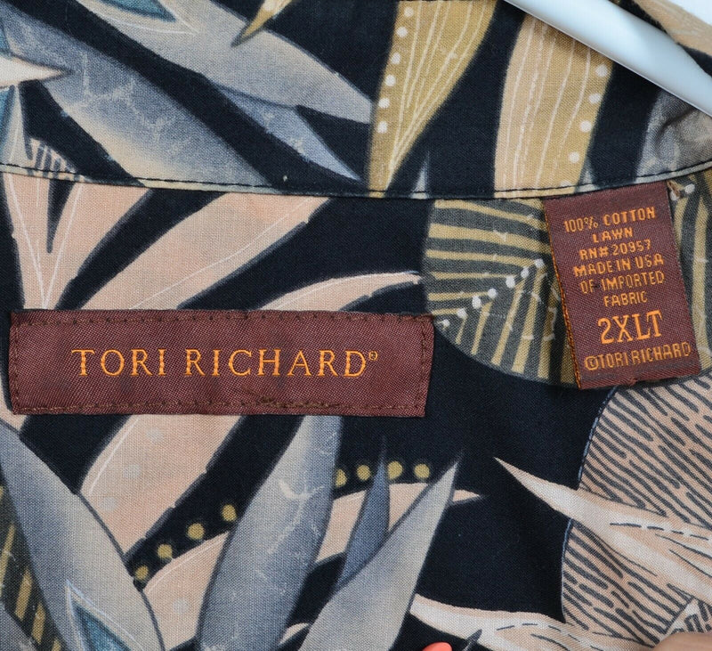 Tori Richard Men's 2XLT Black Tan Blue Floral Palm Cotton Lawn Hawaiian Shirt