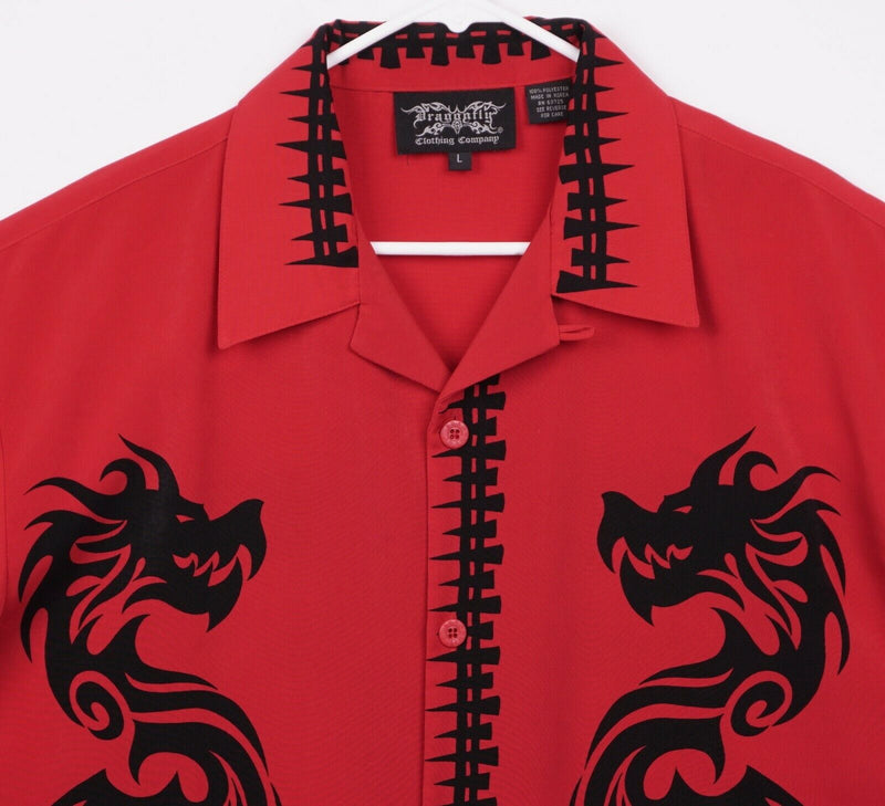 DragonFly Men’s Sz Large 100% Polyester Red Dragon Tribal Y2K Camp Shirt