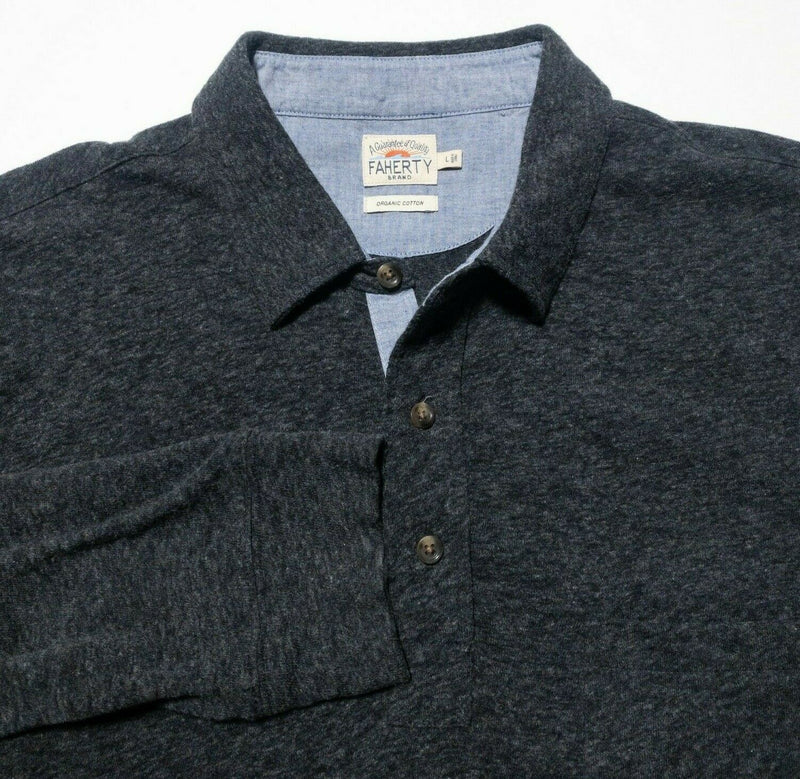 Faherty Long Sleeve Polo Shirt Heather Gray Organic Cotton Men's Large