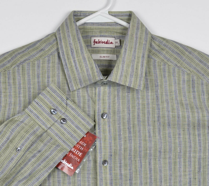 Fabindia Men's 38 (Small) Slim Fit 100% Linen Green Striped Button-Front Shirt