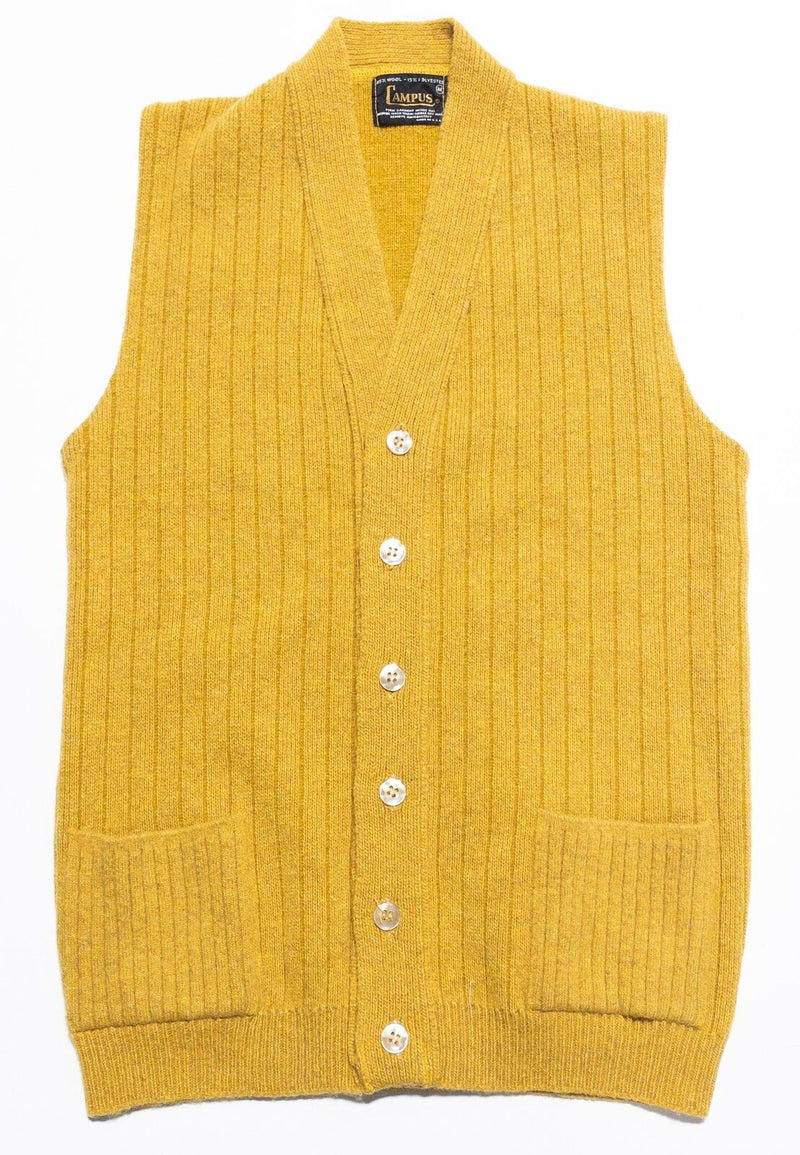 Vintage Campus Sweater Vest Men's Medium Wool Vest V-Neck Knit Yellow Button-Up