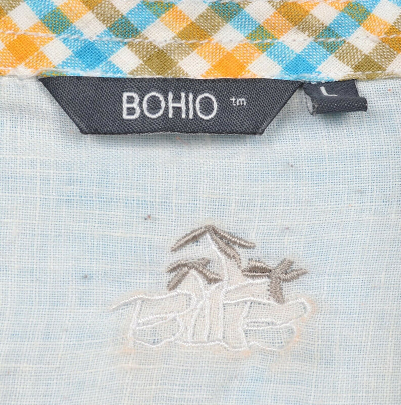 Bohio Men's Sz Large 100% Linen Blue Button-Front Hawaiian Camp Shirt