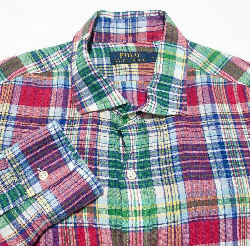 Polo Ralph Lauren Men's Large 100% Linen Multi-Color Red Green Blue Plaid Shirt