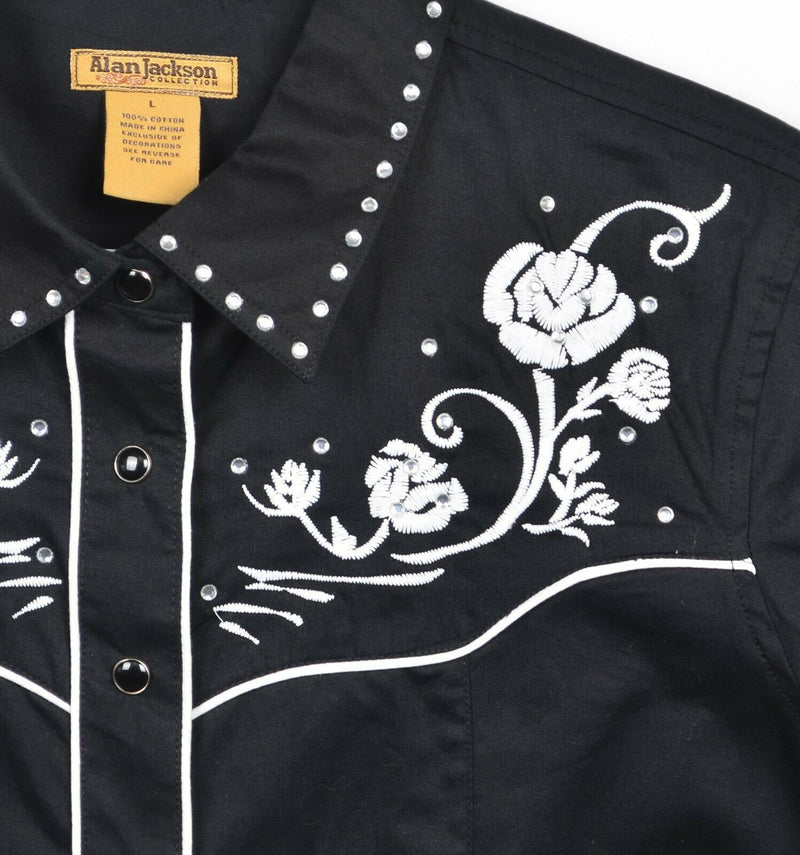 Alan Jackson Women's Large Pearl Snap Embroidered Rose Black Bejeweled Shirt