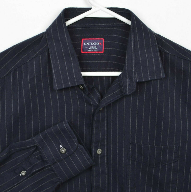 UNTUCKit Men's Large Navy Blue Striped Flannel Long Sleeve Button-Front Shirt
