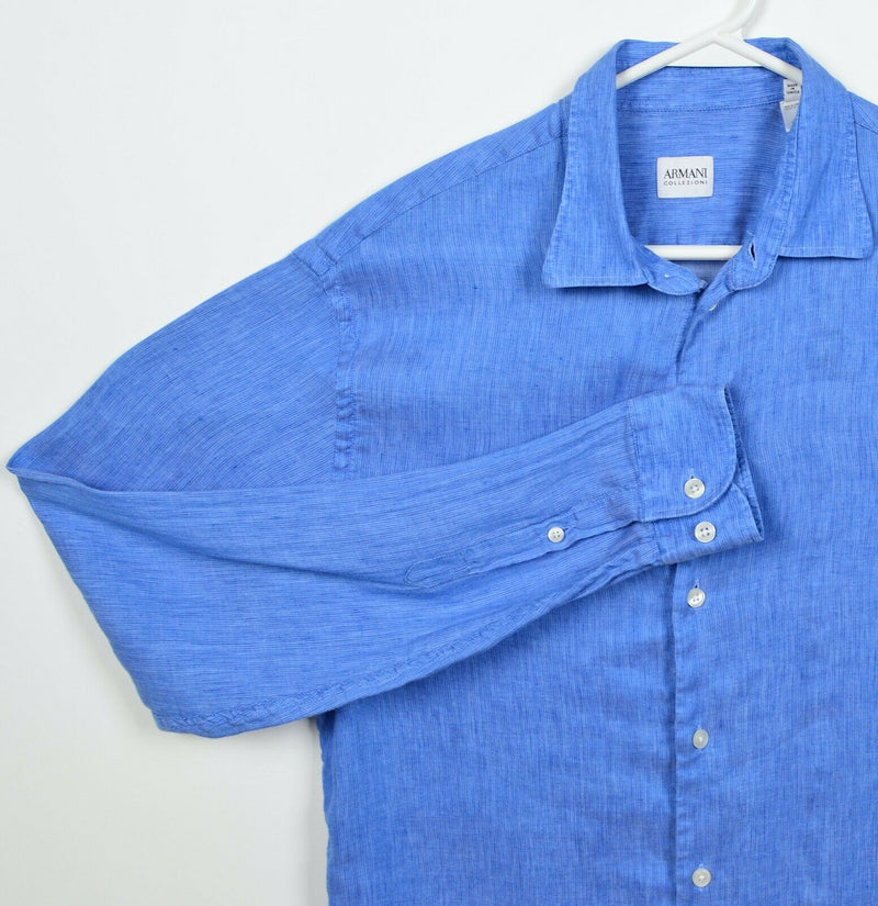 Armani Collezioni Men's Medium Linen Cotton Blend Blue Button-Front Shirt