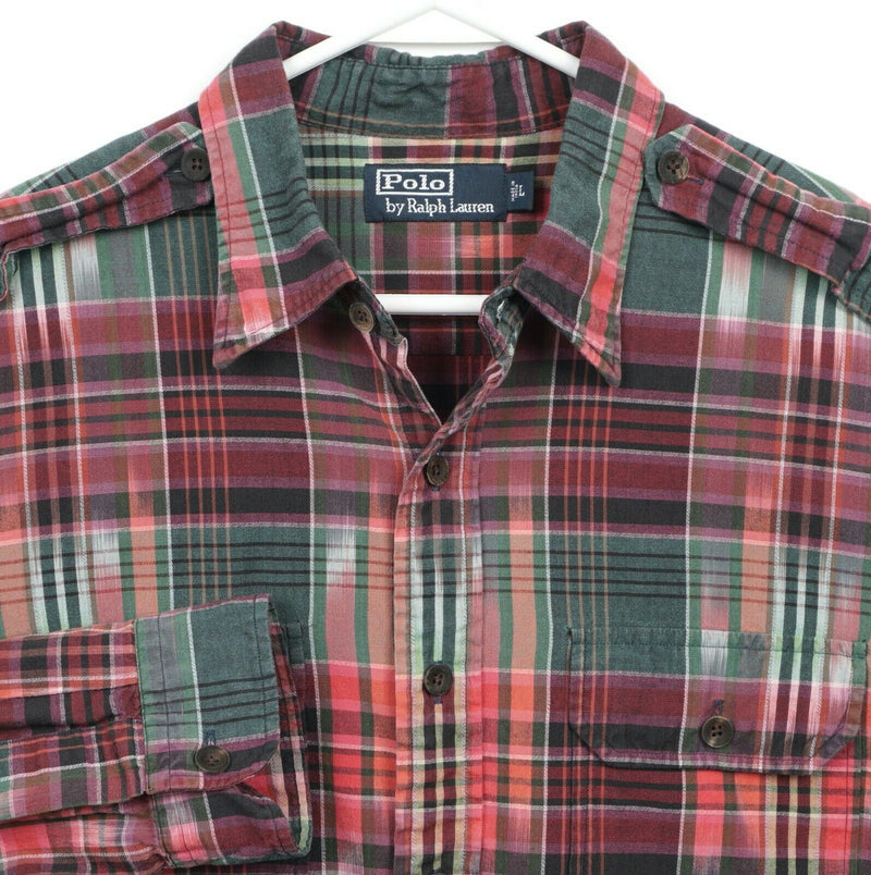 Polo Ralph Lauren Men's Large Green Red Plaid Aztec Safari Button-Front Shirt