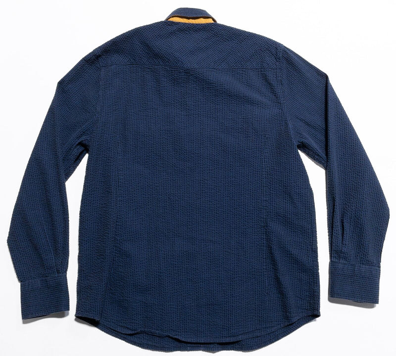 32 Bar Blues Pearl Snap Shirt Men's Medium Navy Blue Seersucker Long Sleeve